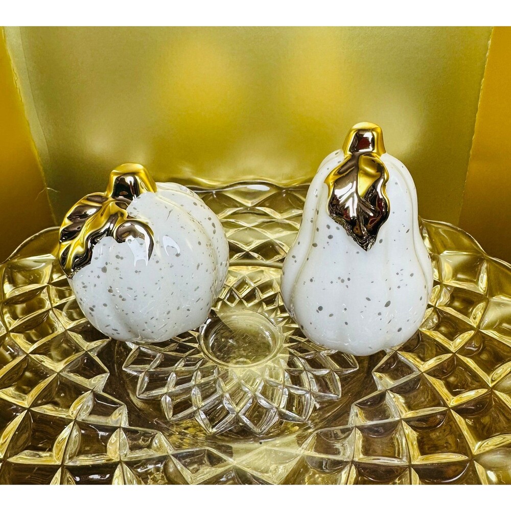 Ceramic Speckled Pumpkin & Gourd Fall Salt and Pepper Shakers Set – White & Gold